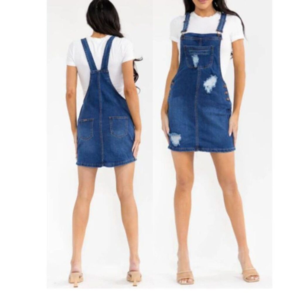 Women's Distressed Denim Mini Overall Skirt Soft Stretch Cotton Adjustable Strap
